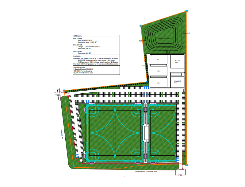 Engineering site plan for a proposed multi-sport athletic facility showing building footprints, a large parking lot, three outdoor turf fields, and a stormwater detention area.
