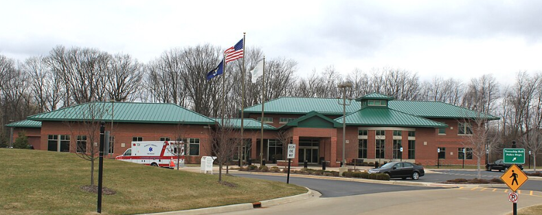 Exterior of Plymouth Township Hall and Police Department building in Plymouth Township, Michigan.