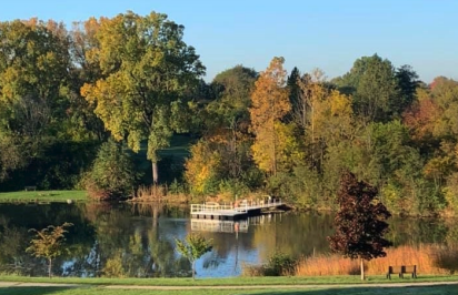 Pond, dock and fall trees at Plymouth Township Park.