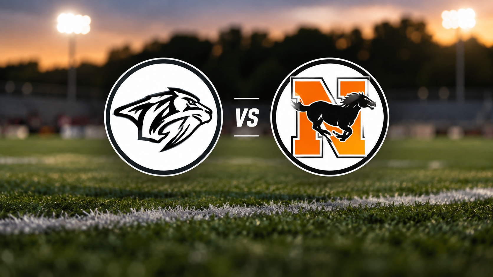 Plymouth and Northville football team logos facing off over a blurred football field background.