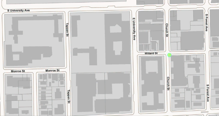 Map showing the location of the Rambler high-rise construction site at the corner of Church and Willard streets in Ann Arbor.