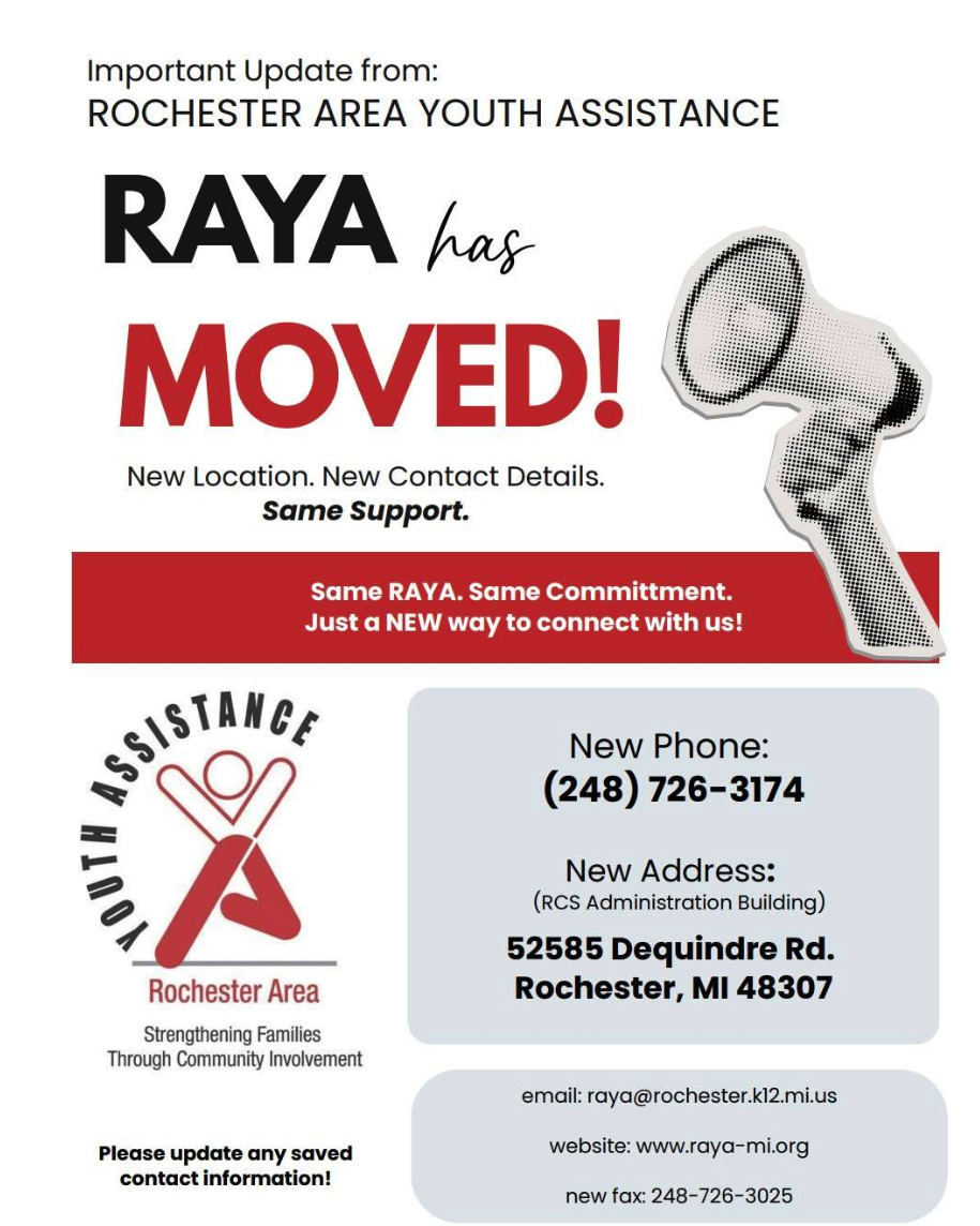 Flyer from Rochester Community Schools announcing that Rochester Area Youth Assistance has moved to the RCS Administration Building, with new phone, address, email and website.