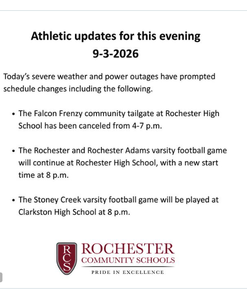 Rochester Community Schools graphic dated Sept. 3, 2026, listing weather-related schedule changes: the Falcon Frenzy tailgate canceled, the Rochester-Rochester Adams football game moved to Rochester High School with an 8 p.m. start, and the Stoney Creek game relocated to Clarkston High School.
