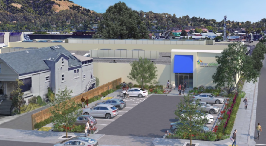 rchitectural rendering of Ritter Center’s Health & Wellness Center at 800 A Street in San Rafael, showing the building entrance, parking lot and landscaping.