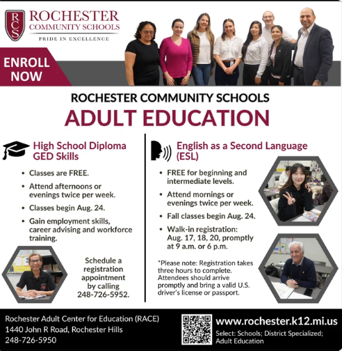 Rochester Community Schools flyer advertising free Adult Education programs, including High School Diploma/GED classes and English as a Second Language classes, both beginning Aug. 24.