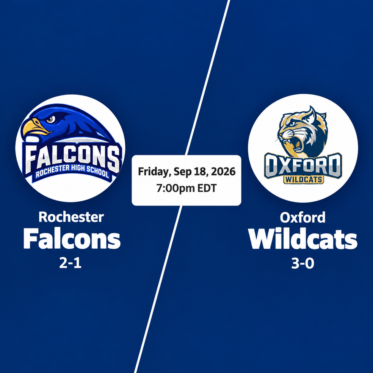 Graphic showing the Rochester Falcons, 2-1, against the Oxford Wildcats, 3-0, for a Sept. 18 football matchup.