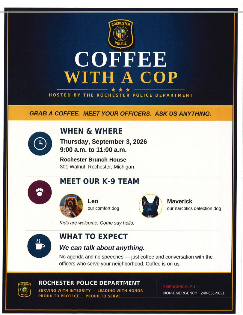 Rochester Police Department "Coffee with a Cop" flyer listing the Sept. 3, 2026 event at Rochester Brunch House, with photos of K-9 team members Leo the comfort dog and Maverick the narcotics detection dog.
