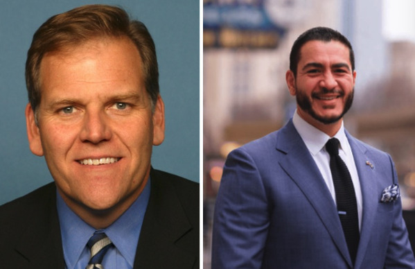 Composite of Mike Rogers's official congressional portrait and Abdul El-Sayed smiling outdoors in a suit, both candidates for U.S. Senate in Michigan.