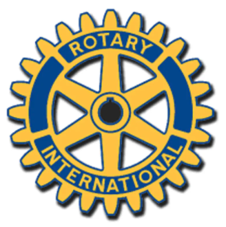 Rotary International logo — a blue and gold gear-wheel emblem with a blue cogwheel center, encircled by the words "Rotary" and "International."