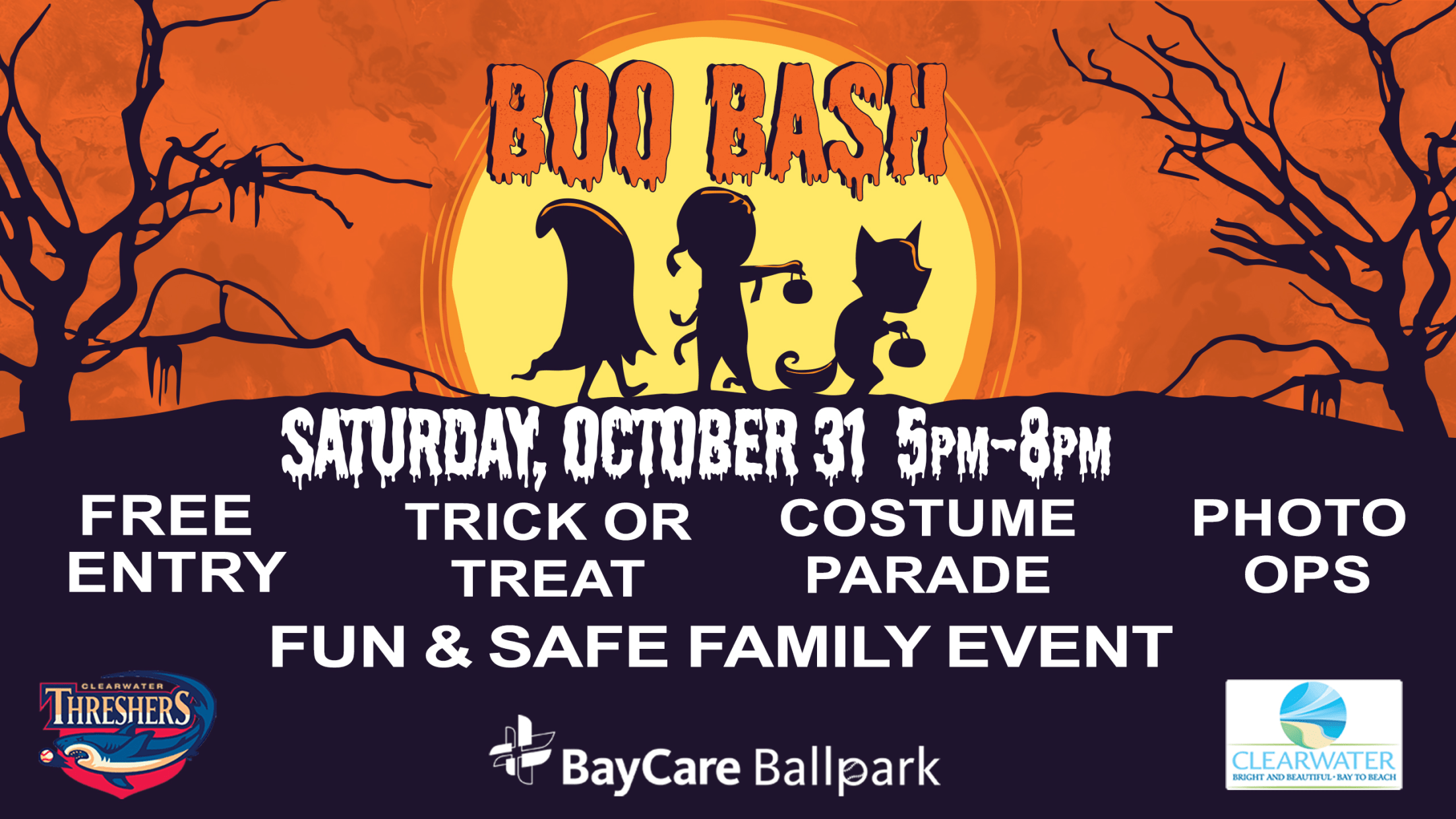 Official Boo Bash flier advertising free entry, trick-or-treating, a costume parade and photo ops at BayCare Ballpark on Saturday, Oct. 31, from 5 to 8 p.m.