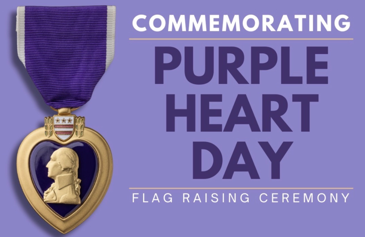 Purple graphic reading "Commemorating Purple Heart Day, Flag Raising Ceremony," with an image of a Purple Heart medal on the left and event details for August 7 at 500 County Center, Redwood City, at 1 p.m., alongside the County of San Mateo seal.
