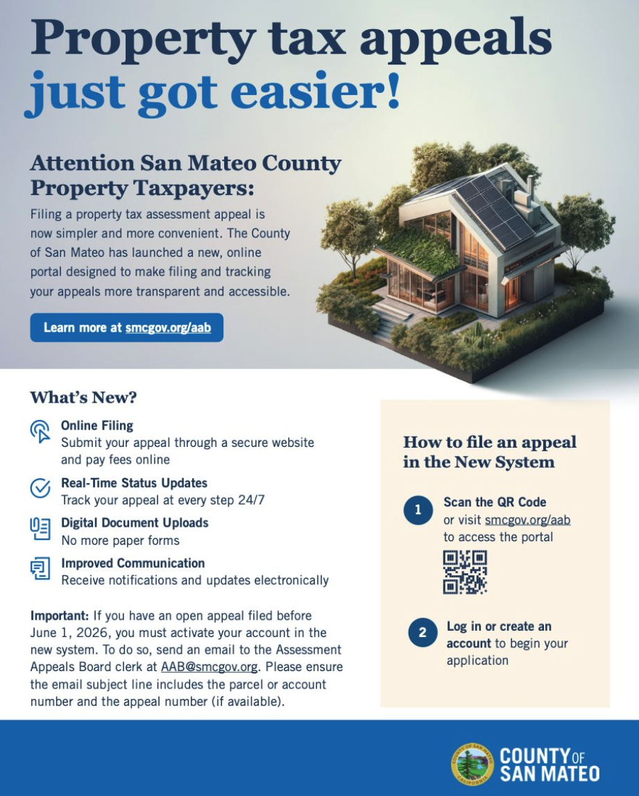 Graphic from the County of San Mateo titled "Property tax appeals just got easier," showing an illustrated house alongside a list of new online filing features and a QR code.
