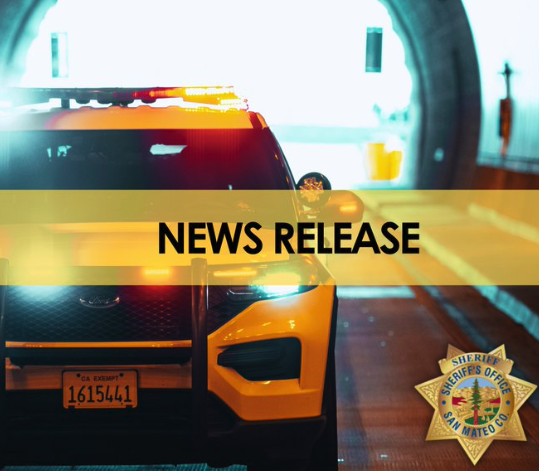 San Mateo County Sheriff's Office news release graphic showing a marked patrol SUV with emergency lights activated and the agency's badge logo.