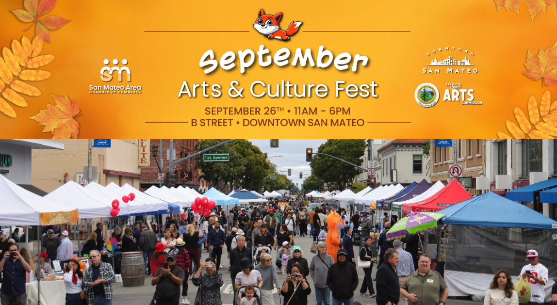 Promotional flyer for the September Arts & Culture Fest, with a photo of crowds at a past B Street festival in Downtown San Mateo.