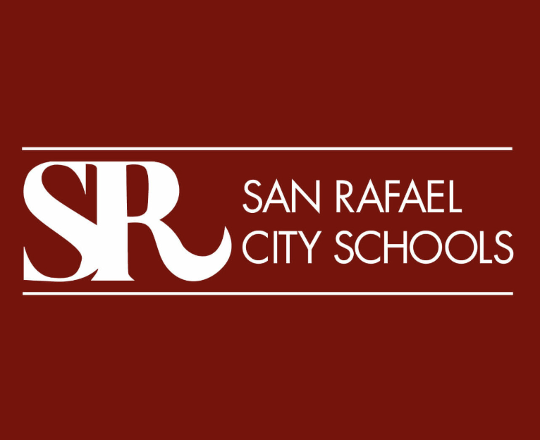 San Rafael City Schools logo, white "SR" monogram and wordmark on a dark red background.