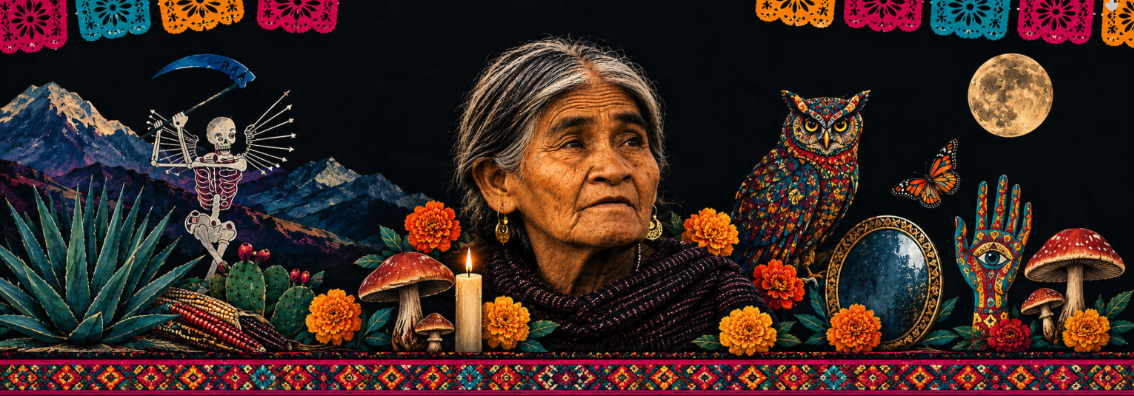 Exhibition graphic showing a portrait of María Sabina surrounded by flowers, mushrooms, an owl and celestial imagery against a magenta background.