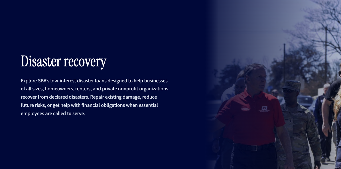 SBA disaster recovery webpage banner showing a man in a red SBA shirt walking alongside military personnel and emergency responders during a disaster response.