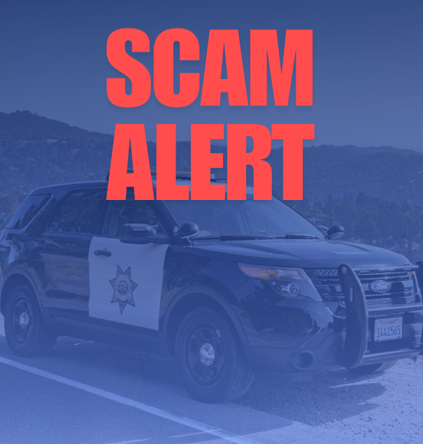 Bold red 'SCAM ALERT' text overlaid on a blue-tinted image of a law enforcement SUV.