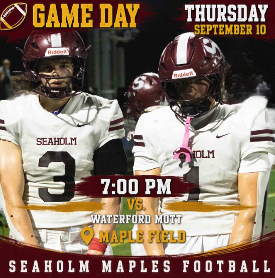 Seaholm Maples football captain Ben Swisher (No. 3) and a teammate featured in a Game Day graphic promoting the team's Sept. 10 home game against Waterford Mott at Maple Field.