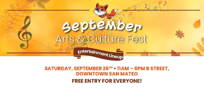A promotional graphic for the September Arts & Culture Fest featuring an illustrated fox playing a saxophone amid falling autumn leaves and musical notes, with event details: Saturday, September 26th, 11 a.m. to 6 p.m., B Street, downtown San Mateo, free entry for everyone.