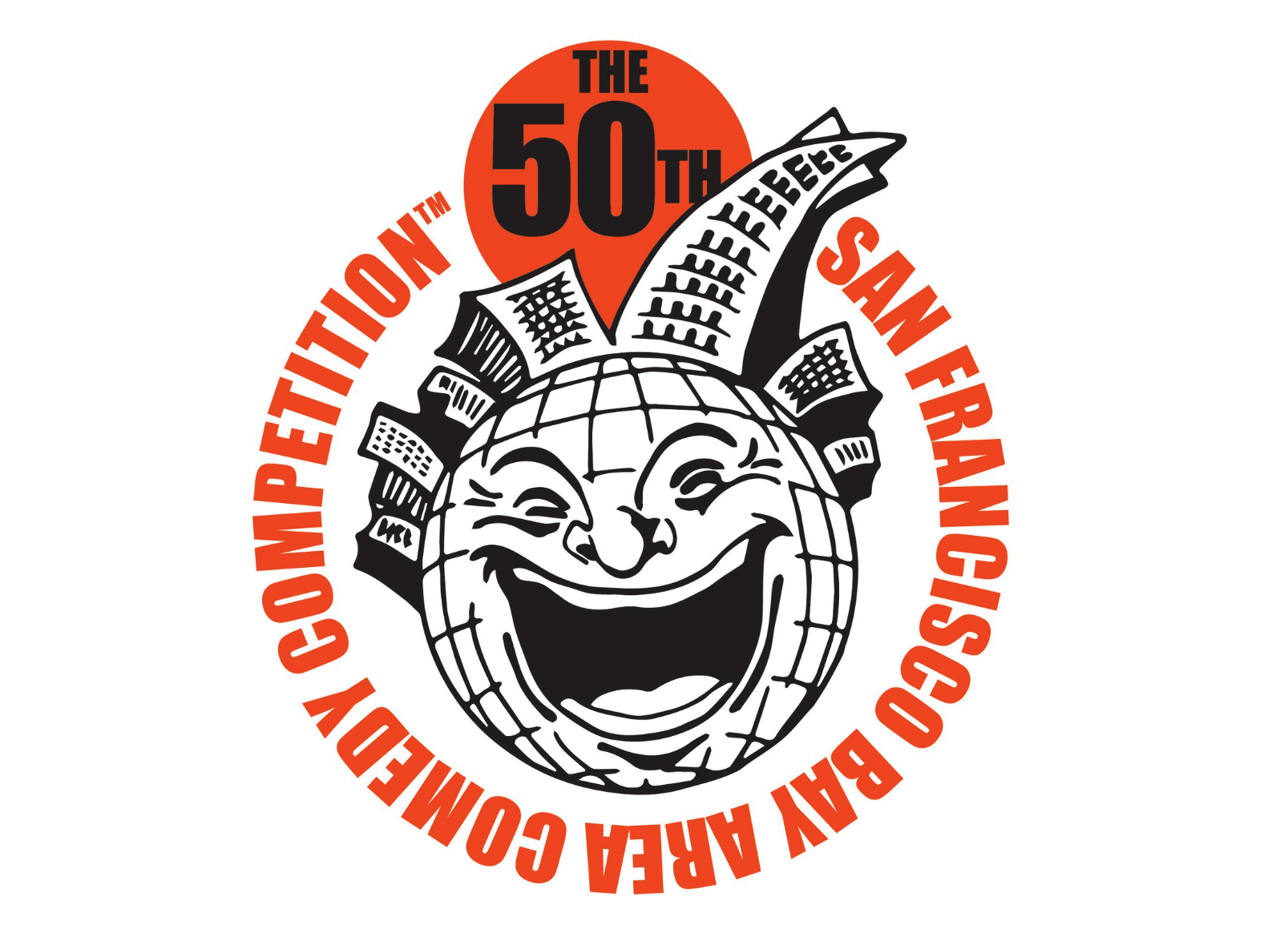 Logo for the 50th San Francisco Bay Area Comedy Competition, featuring a laughing jester-globe mascot.