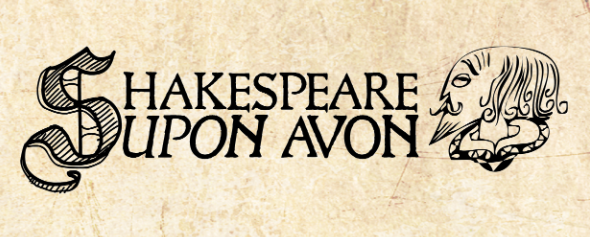 Illustrated "Shakespeare Upon Avon" logo in an ornate calligraphic script, with a hand-drawn sketch of Shakespeare's head and ruffled collar beside the text.