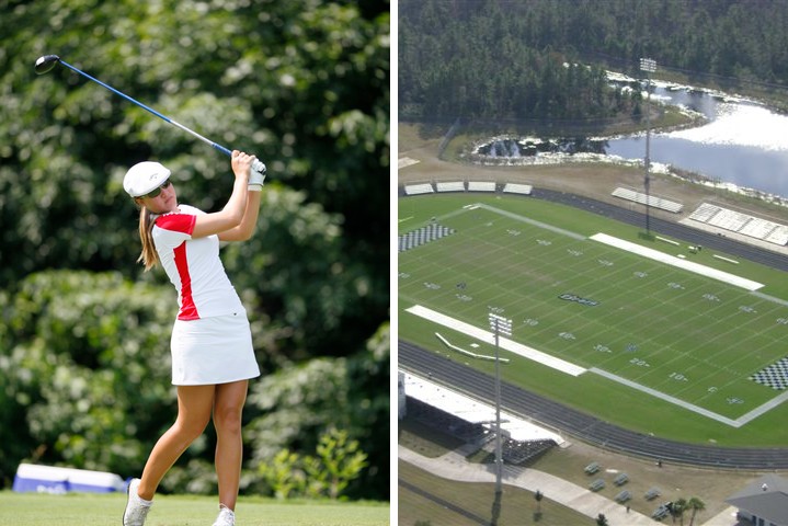 Female golfer in white and red attire completing a full swing with a driver on a golf course. and Aerial view of a high school football stadium with synthetic turf, a running track, bleachers, and light towers.