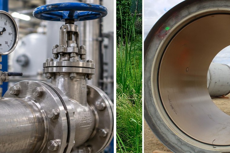 Stainless steel pipes, valves and gauges inside an industrial water treatment facility. and Workers in orange safety vests and hard hats inspect and maintain sewer pipes outdoors.