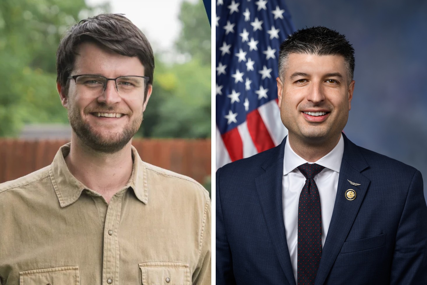 Smiling man wearing glasses and a tan button-down shirt poses outdoors with greenery in the background. and Man in a dark navy suit and tie stands before an American flag in a formal congressional portrait.