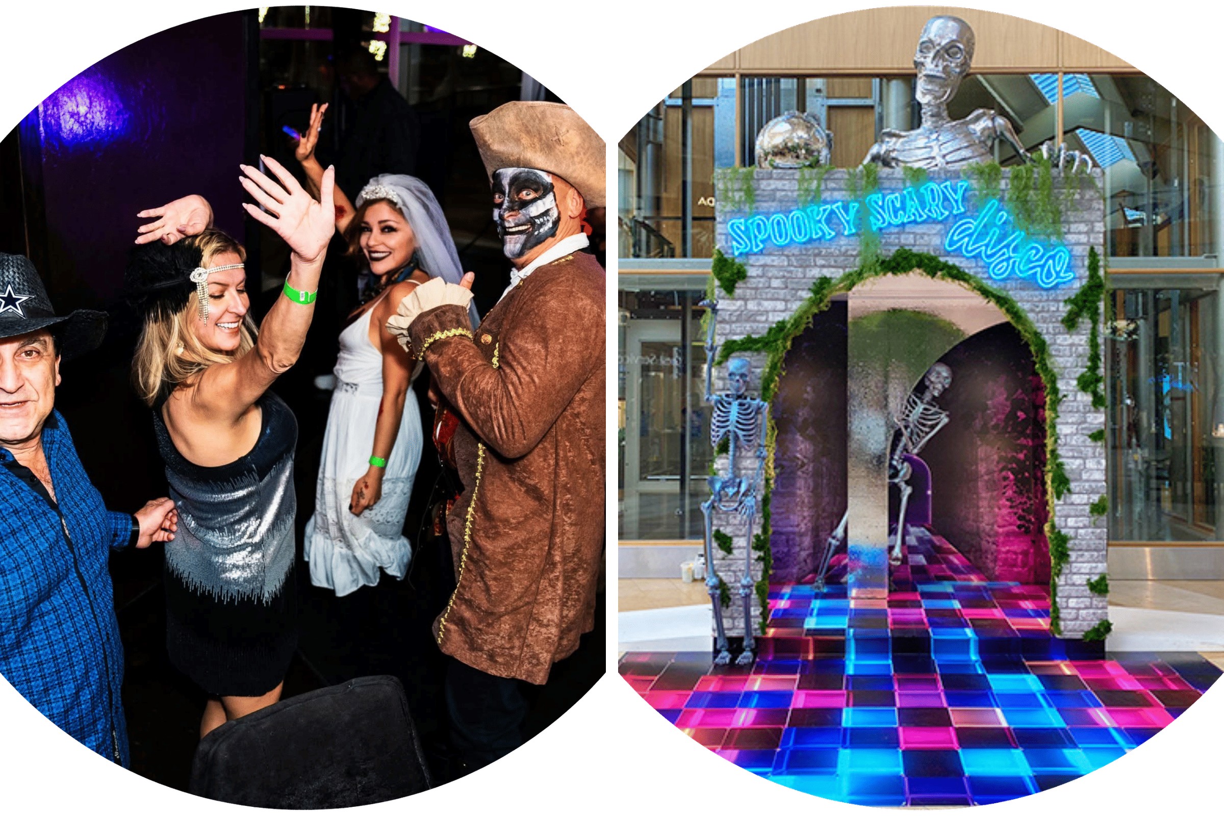 Four adults in Halloween costumes dancing under purple and blue lights at an indoor party. and Halloween installation with skeletons, disco ball, and illuminated checkered dance floor inside a mall.