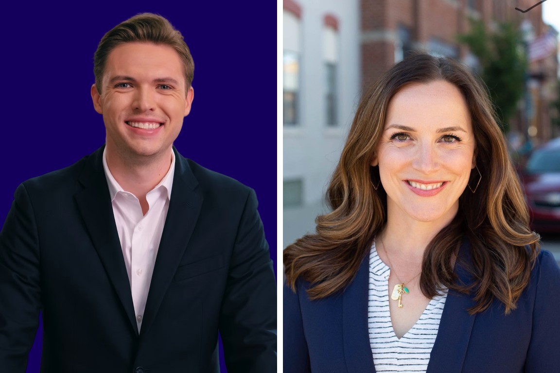 Roman Gaskey smiles in a dark jacket and light shirt against a blue background. and Sarah Pounds smiles outdoors in a navy jacket over a striped shirt.