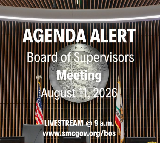 San Mateo County Board of Supervisors Agenda Alert graphic for the Aug. 11, 2026 meeting, with livestream details.