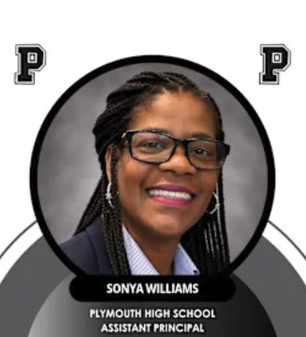 Staff graphic of Sonya M. Williams, Plymouth High School's new assistant principal, wearing glasses and a navy blazer.