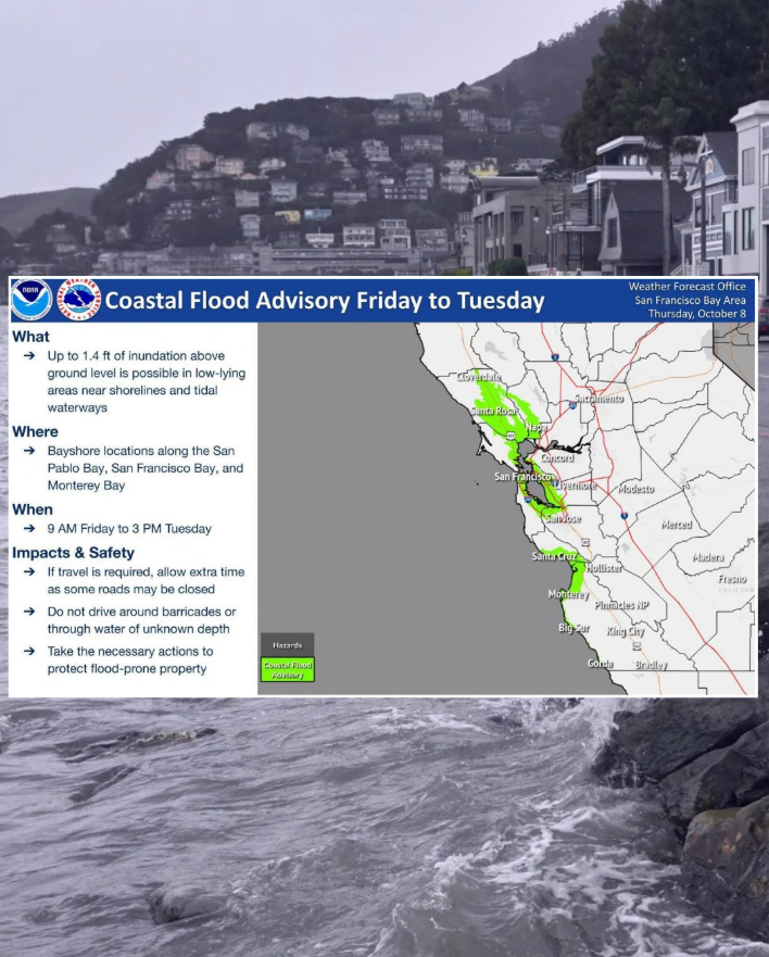Coastal flood advisory map and safety guidance over a photograph of waves beside waterfront buildings and a hillside neighborhood.