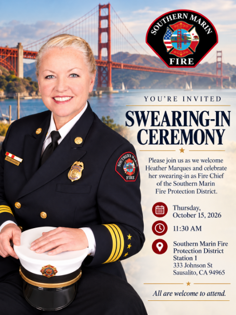 Heather Marques in fire-service uniform beside an invitation to her Oct. 15 swearing-in at Southern Marin Fire Station 1.