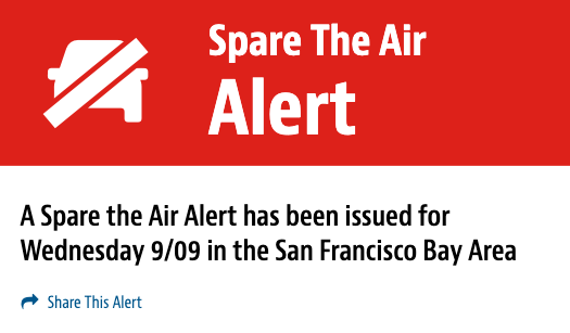 Red "Spare the Air Alert" graphic with a car icon crossed out, stating an alert has been issued for Wednesday, 9/09, in the San Francisco Bay Area.