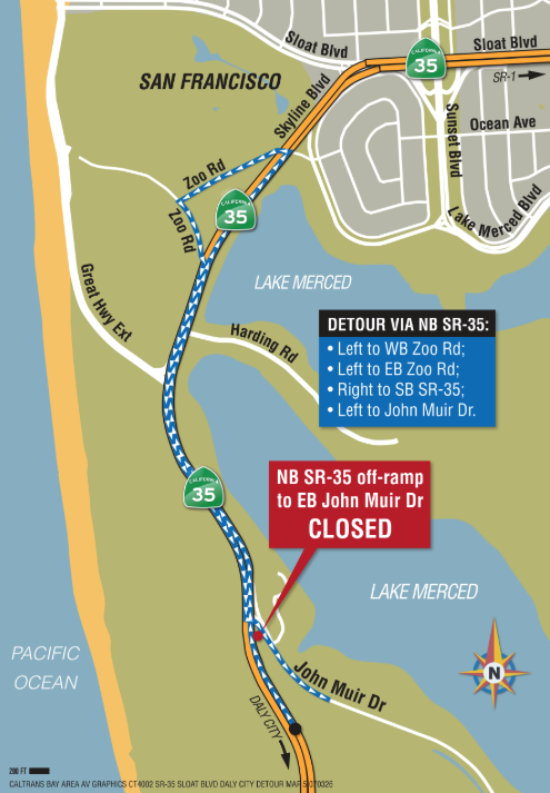 Caltrans detour map showing the closed northbound State Route 35 off-ramp to eastbound John Muir Drive near Lake Merced, with a marked detour route via Zoo Road and southbound SR-35.