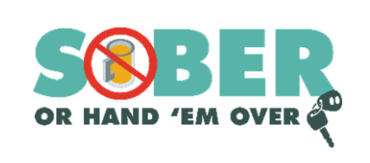 A teal and white "Sober or Hand 'Em Over" logo with a car key icon and a beer can crossed out inside a red prohibition circle.