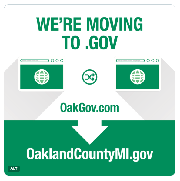 Graphic reading "We're Moving to .gov," showing two browser window icons connected by a swap arrow, with "OakGov.com" above a large arrow pointing down to "OaklandCountyMI.gov."