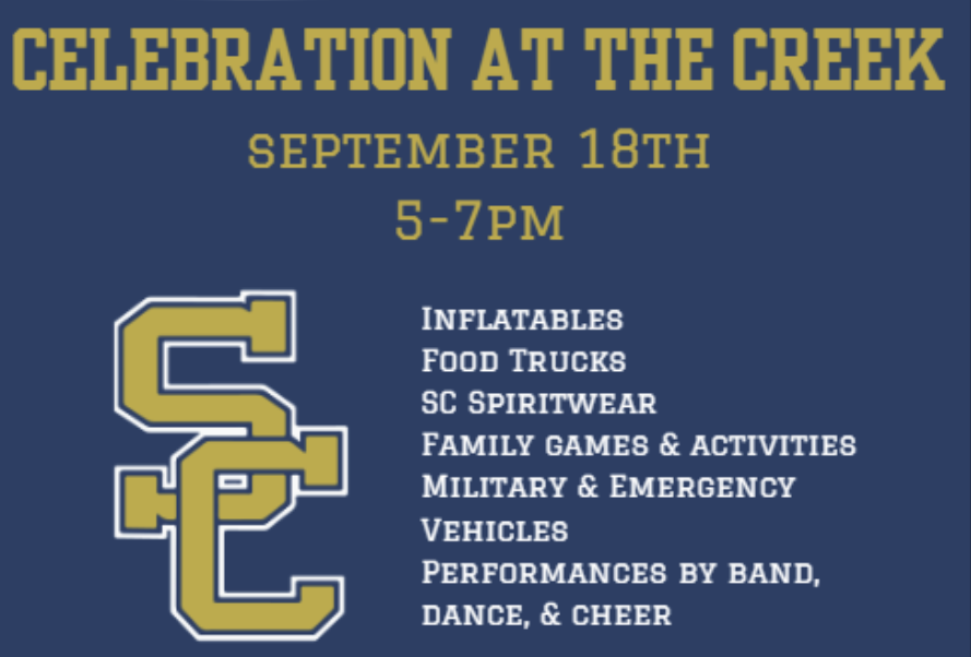 A navy blue flyer for "Celebration at the Creek" on September 18th, 5-7pm, featuring the gold Stoney Creek "SC" logo and a list of activities: inflatables, food trucks, SC spiritwear, family games and activities, military and emergency vehicles, and performances by band, dance and cheer.