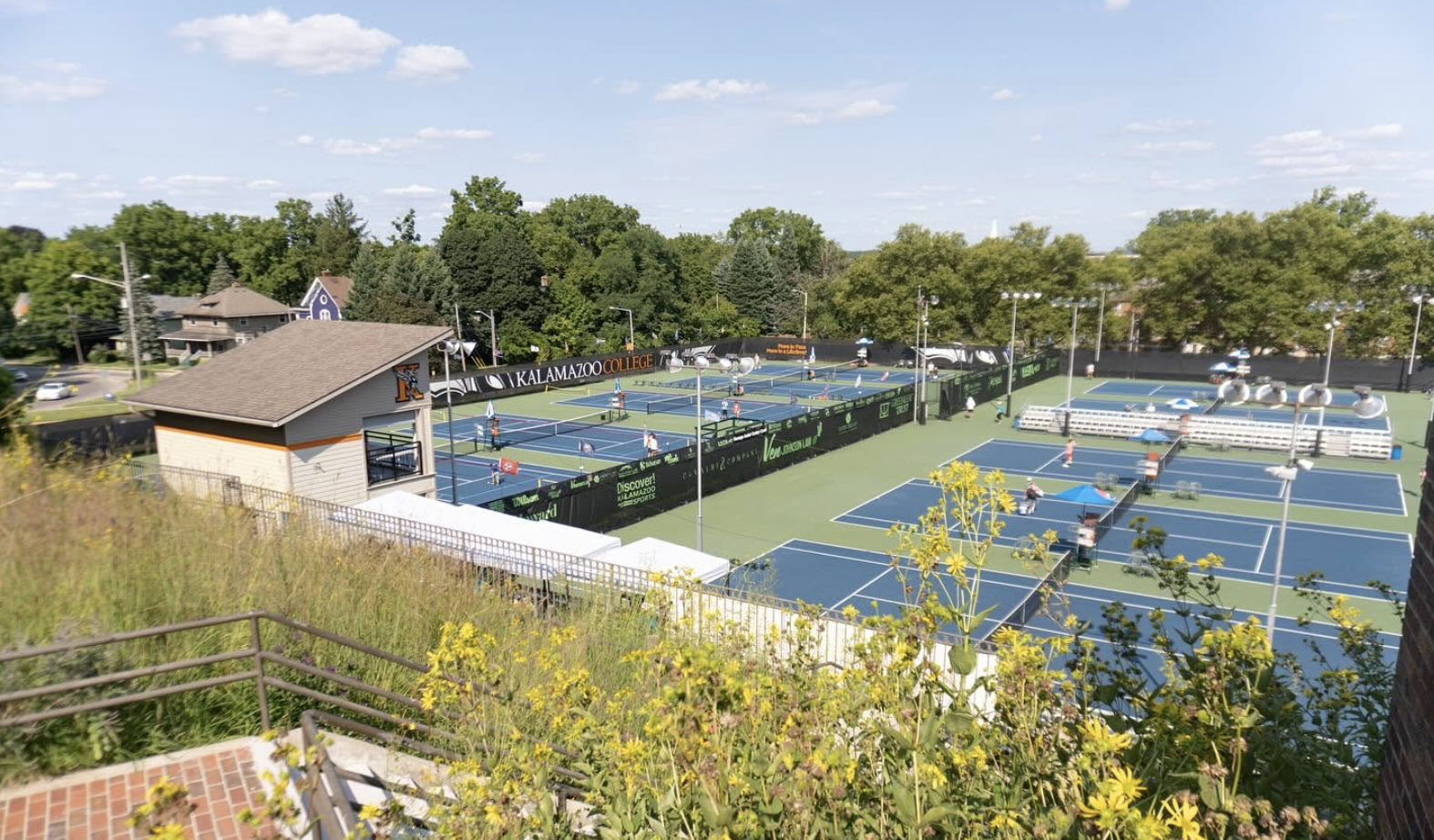 Aerial view of tennis courts at Stowe Stadium on the Kalamazoo College campus, host site of the USTA Boys Nationals.