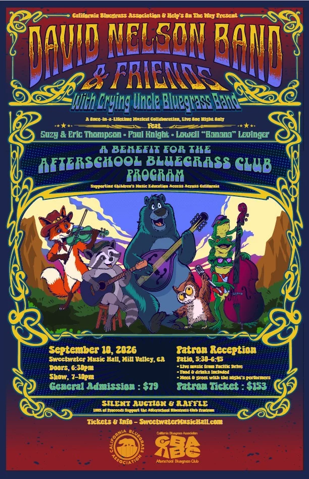 Illustrated concert poster for David Nelson Band & Friends with Crying Uncle Bluegrass Band, a Sept. 10, 2026 benefit for the Afterschool Bluegrass Club at Sweetwater Music Hall in Mill Valley.