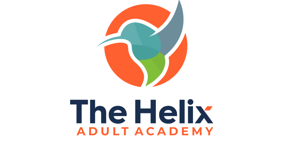 Logo with a stylized hummingbird in teal and orange above the words The Helix Adult Academy.