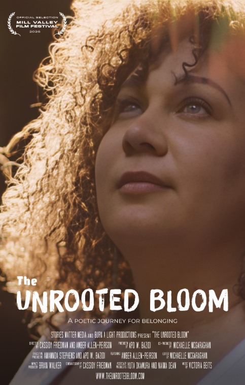 Poster for “The Unrooted Bloom,” showing a close-up portrait of a woman beneath sunlight, with the film’s title and production credits.