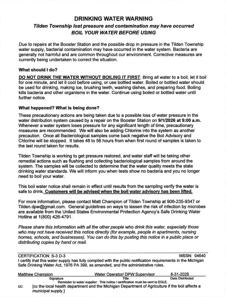 Official Tilden Township drinking water warning notice advising residents to boil water before use due to possible bacterial contamination from a booster station repair.
