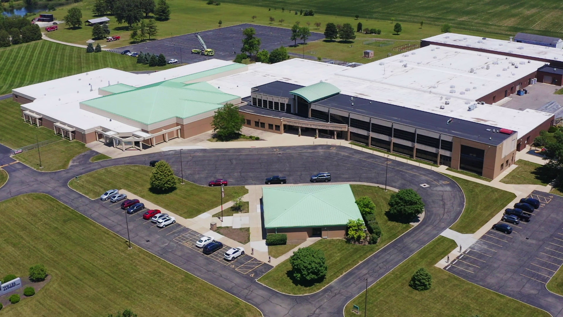 aerial view of a business center building