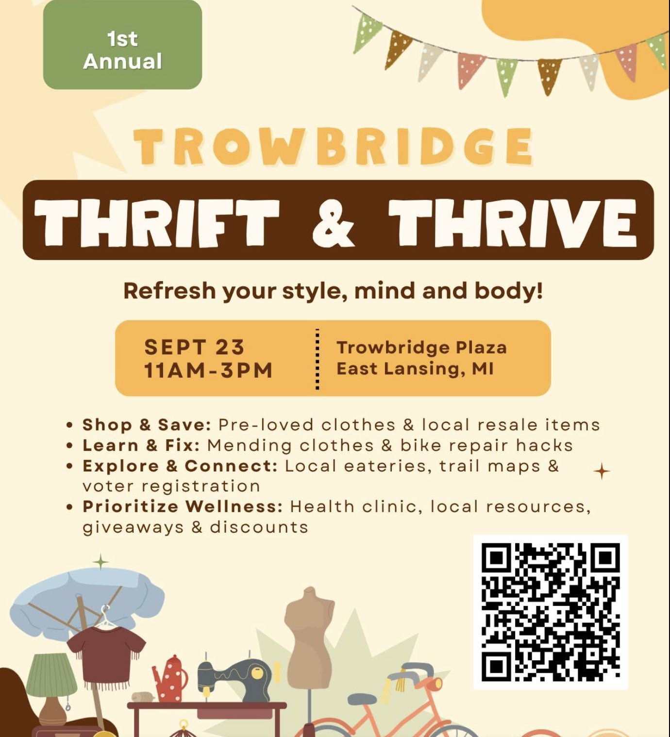 A promotional flyer for the 1st Annual Trowbridge Thrift & Thrive event, listing Sept. 23, 11 a.m. to 3 p.m. at Trowbridge Plaza in East Lansing, with sections on shopping, mending and bike repair, community resources, and wellness offerings.