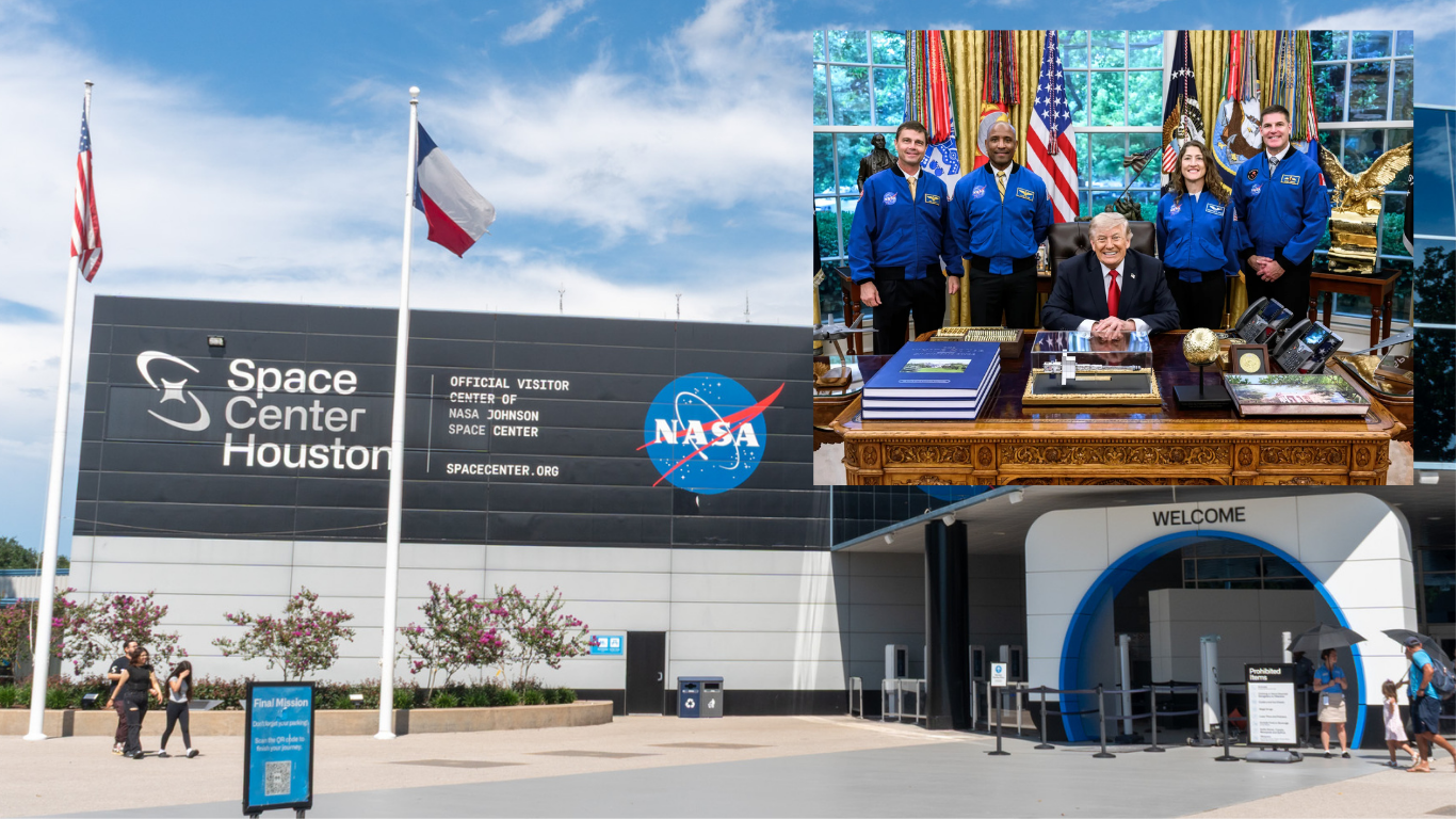 Nasa building in Houston, From left, Artemis II crew NASA astronauts Reid Wiseman, Victor Glover, Christina Koch, and CSA (Canadian Space Agency) astronaut Jeremy Hansen are photographed on April 29, 2026, in the White House Oval Office with President Donald J. Trump.