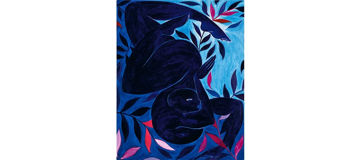 Blue Dancer by Tunji Adeniyi-Jones, showing an indigo figure among blue foliage and red and pink forms.