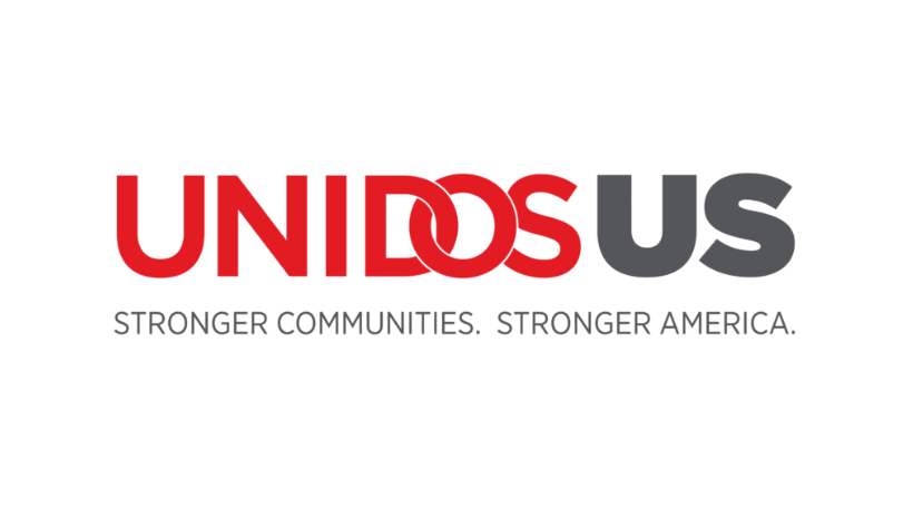 UnidosUS logo, with interlocking red "O" letters between the words "UNIDOS" and "US," above the tagline "Stronger Communities. Stronger America."